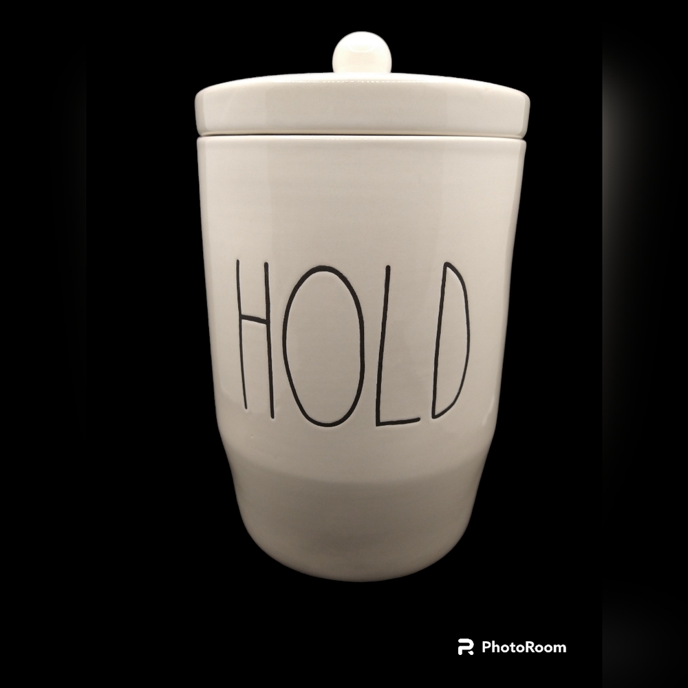 Rae Dunn ceramic canister - reads: HOLD and is color: White